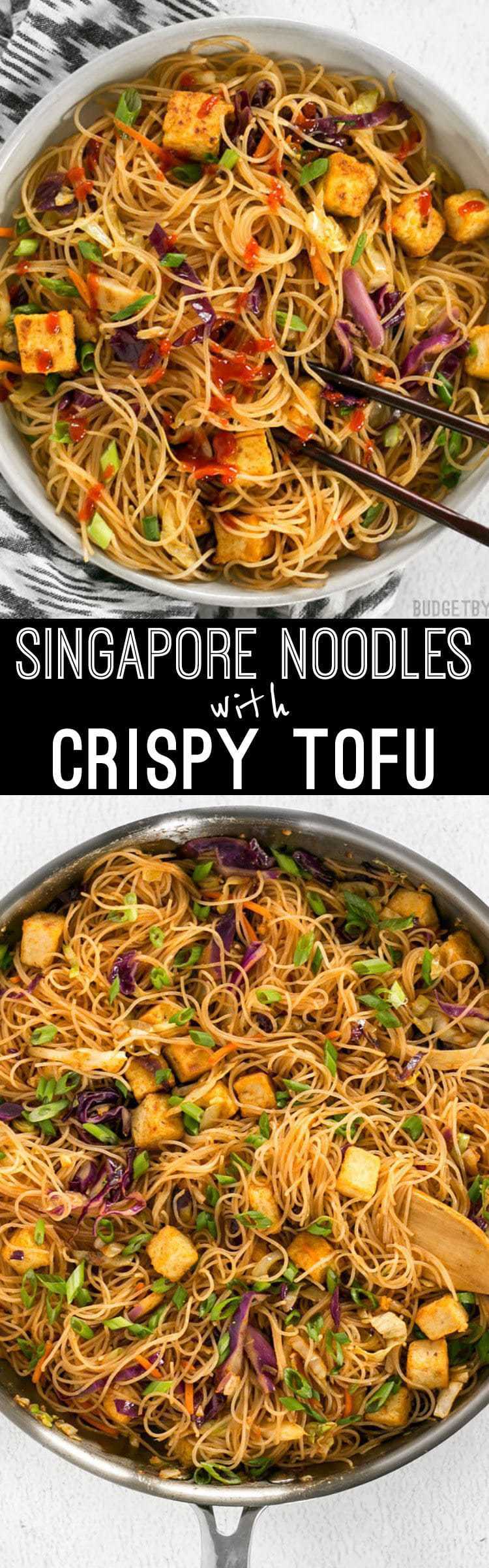 These Singapore Noodles with Crispy Tofu have a bold flavor and vibrant colors thanks to shredded vegetables and a bright curry sauce. BudgetBytes.com