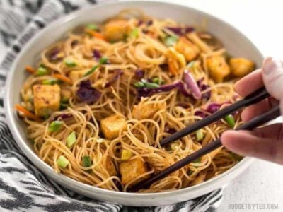 These Singapore Noodles with Crispy Tofu have a bold flavor and vibrant colors thanks to shredded vegetables and a bright curry sauce. BudgetBytes.com