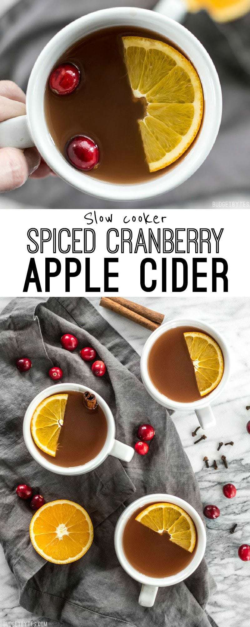 Slow Cooker Spiced Cranberry Apple Cider is an easy and festive drink for all your holiday party guests. BudgetBytes.com