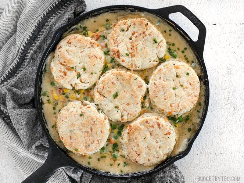 Finished baked Vegetable Pot Pie Skillet with Cheddar Biscuit Topping