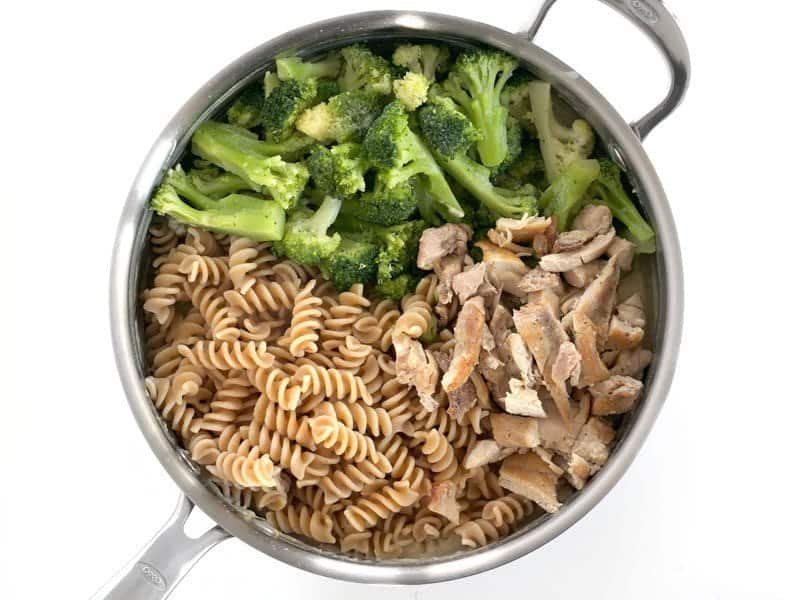 Add Pasta Broccoli and Chicken to skillet with the cream sauce