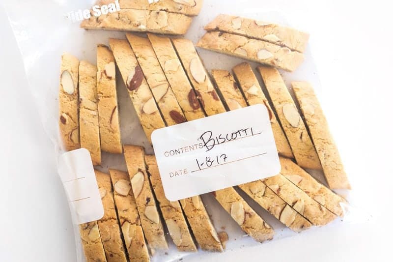 Finished Almond Apricot Biscotti in a zip top bag ready to freeze