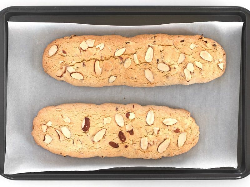 Baked Biscotti Logs on the parchment lined baking sheet