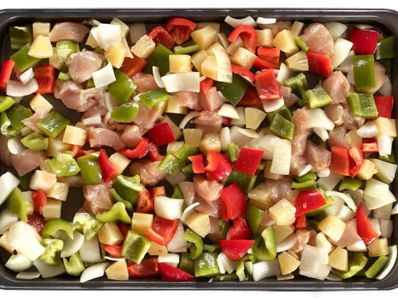 Bell Peppers, Onions, Chicken, and Pineapple on the sheet pan