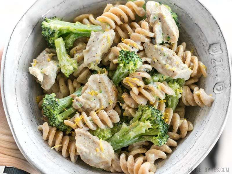 Close up of a bowl of Chicken and Broccoli Pasta with Lemon Cream Sauce 