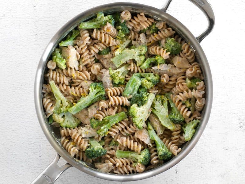 Chicken and Broccoli Pasta stirred together with Lemon Cream Sauce in the skillet