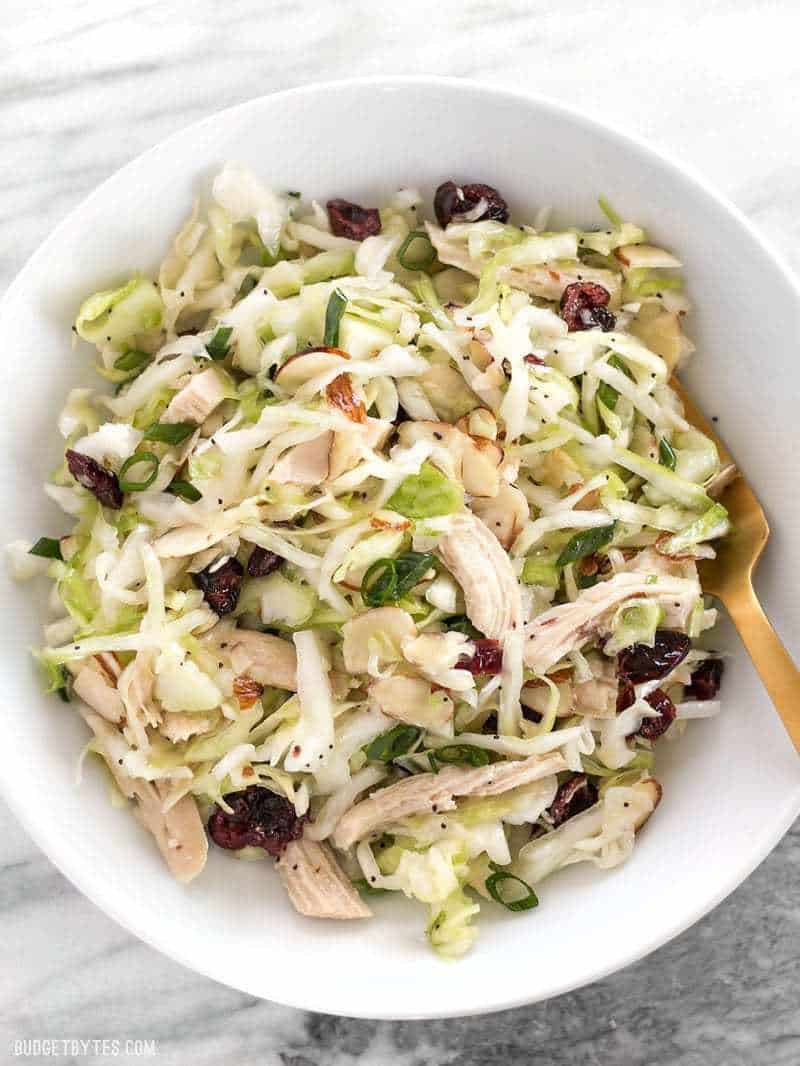 Overhead view of a big bowl of Chicken and Cranberry Salad with a gold fork