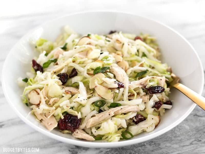 Front view of a bowl of Chicken and Cranberry Salad with a gold fork