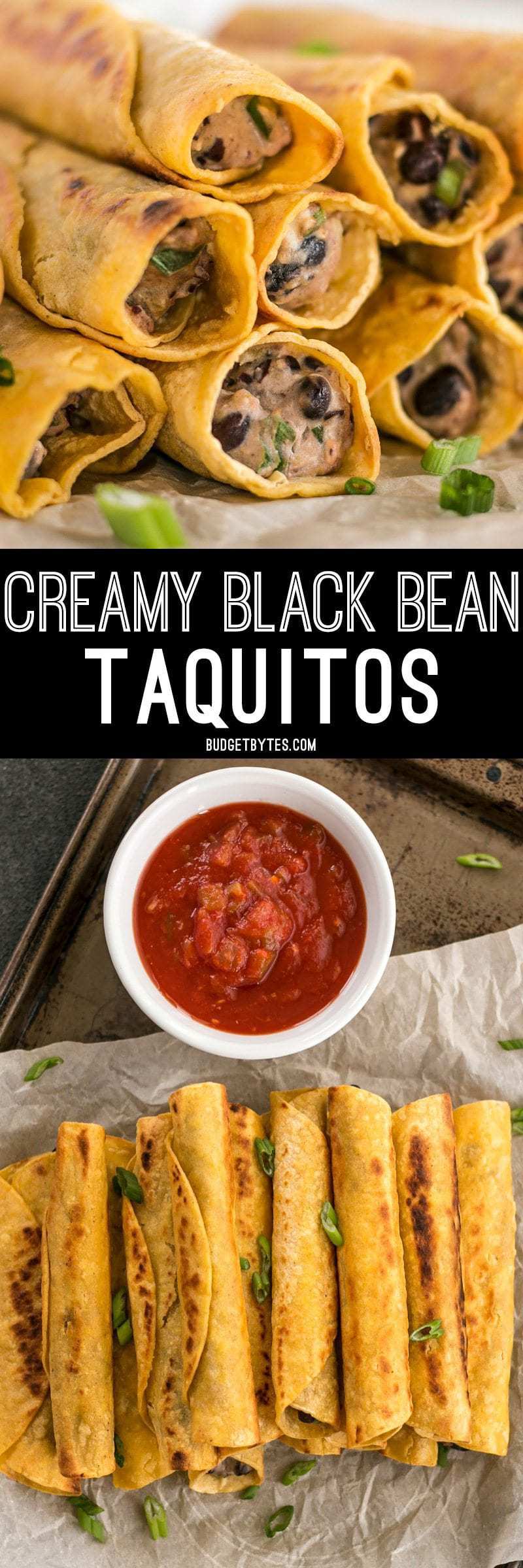 Creamy Black Bean Taquitos are an easy and tasty party treat for football games or just for fun! BudgetBytes.com