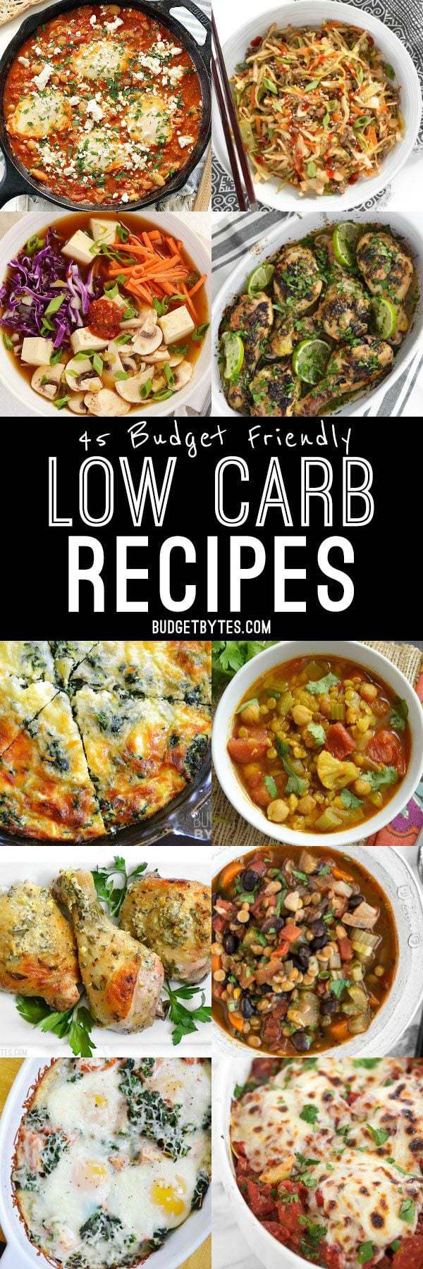 There's no pasta, rice, or potatoes in these 45 Budget Friendly Low Carb Recipes that will leave you happy, healthy, and full. BudgetBytes.com