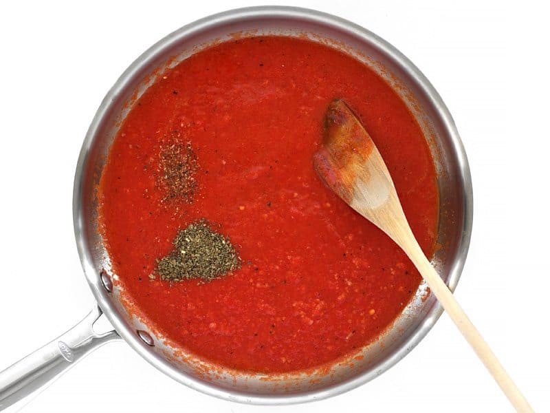 Add Basil and Pepper to sauce in the skillet