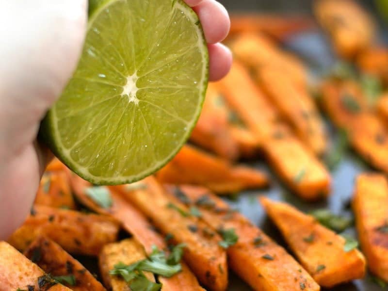 Squeeze Fresh Lime Juice over the roasted sweet potatoes