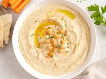 Overhead view of a bowl of homemade hummus.