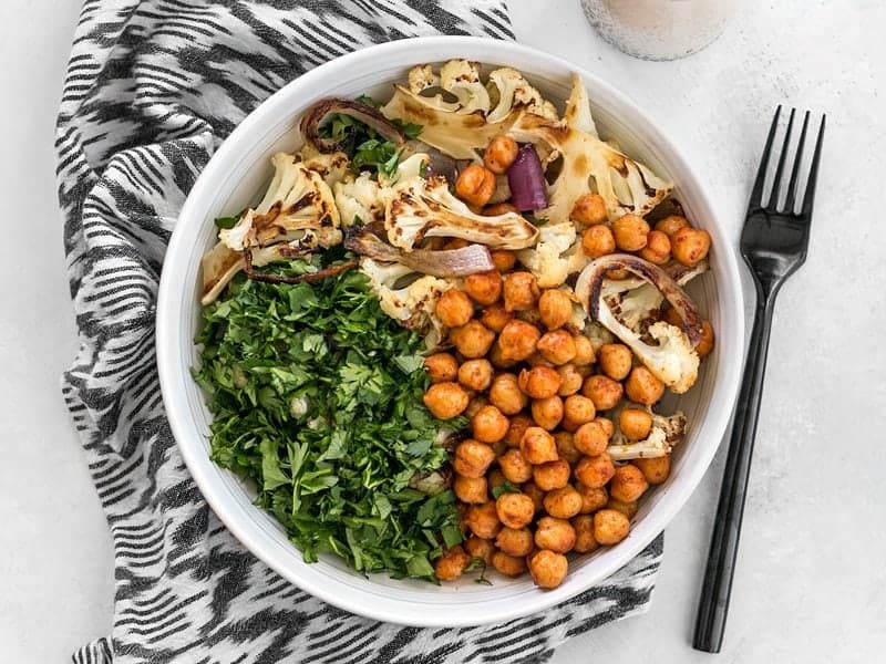 An unstirred bowl of Roasted Cauliflower Salad 