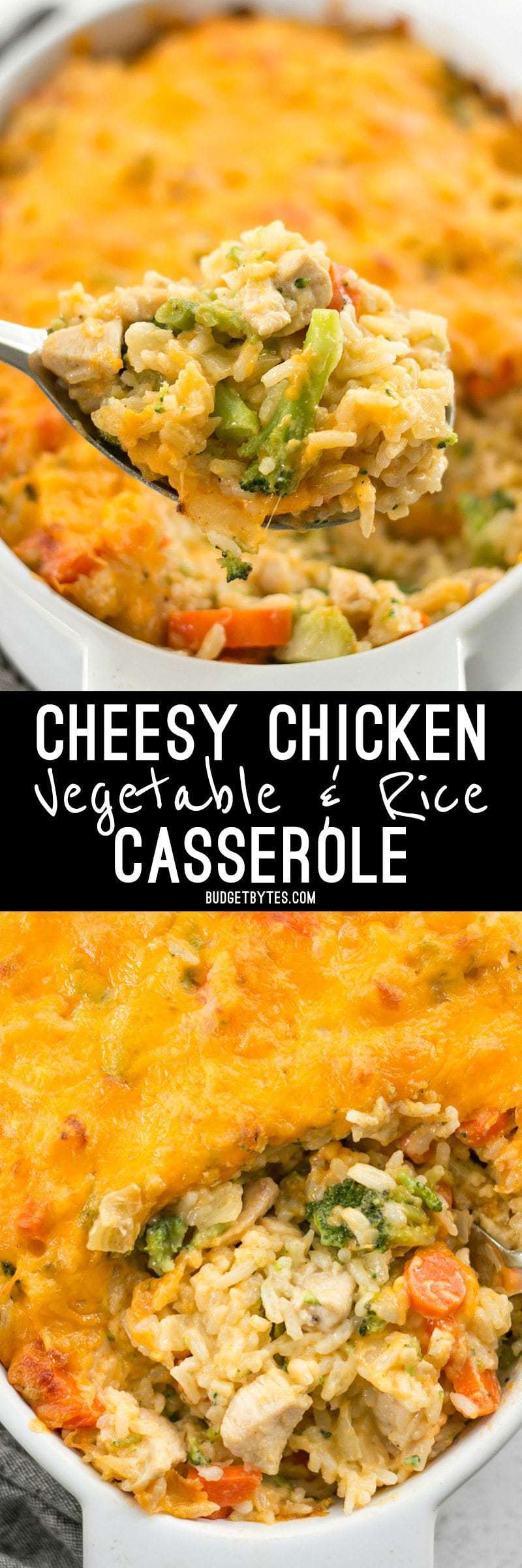 This Cheesy Chicken Vegetable and Rice Casserole is everything your comfort food dreams are made of. BudgetBytes.com