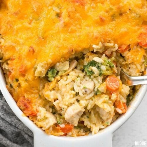 This Cheesy Chicken Vegetable and Rice Casserole is everything your comfort food dreams are made of. BudgetBytes.com