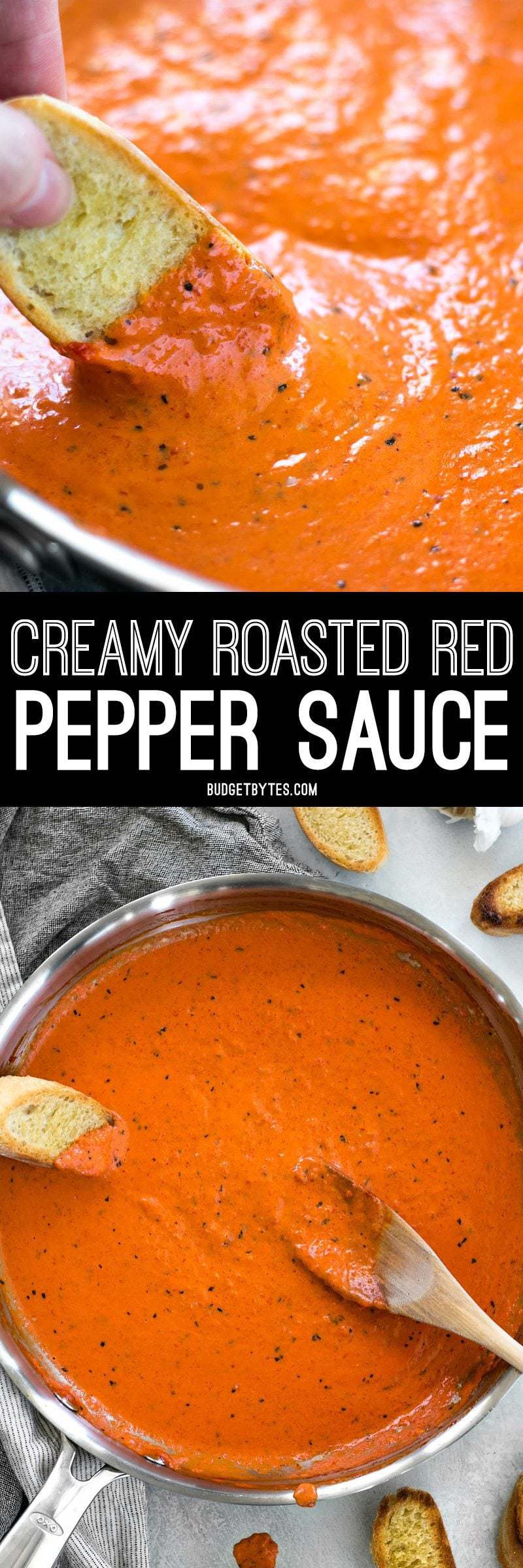 Creamy Roasted Red Pepper Sauce is a great alternative to tomato based sauces for pasta, pizzas, or just for dipping your favorite crusty bread. BudgetBytes.com