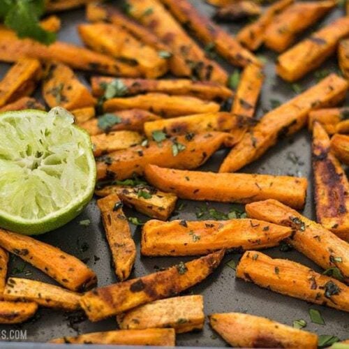 Bright lime juice and earthy cumin pair perfectly with the subtle creamy sweetness of sweet potatoes in these Cumin Lime Roasted Sweet Potatoes. BudgetBytes.com