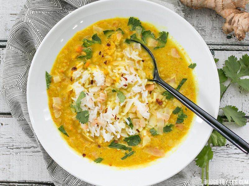 Overhead shot of a bowl of Golden Coconut Lentil Soup 