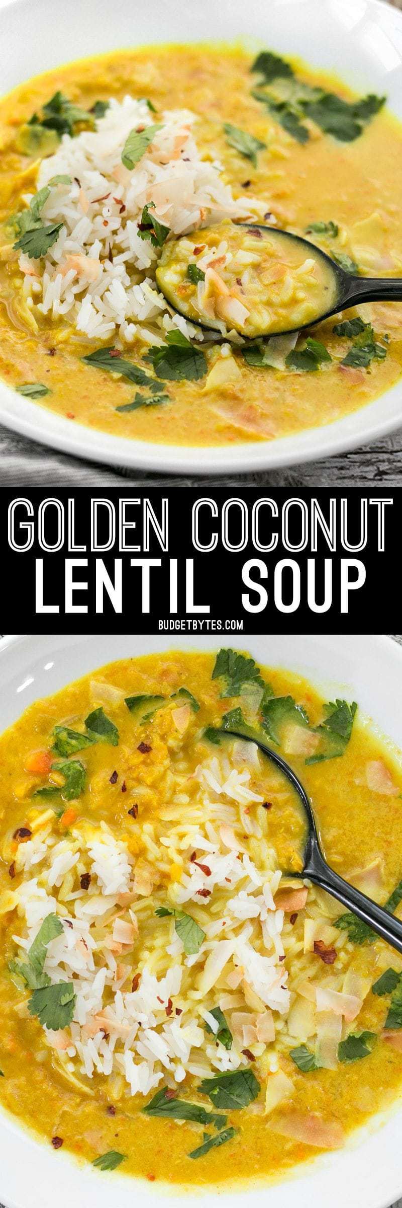 Golden Coconut Lentil Soup is a light and fresh bowl with vibrant turmeric and a handful of fun toppings. BudgetBytes.com
