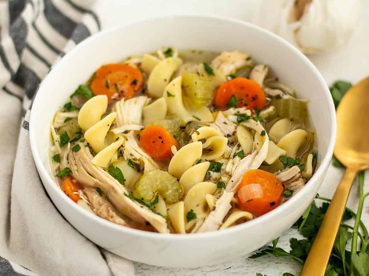 Side view of a bowl of chicken noodle soup.