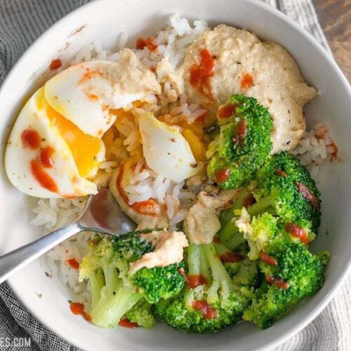 Hummus Breakfast Bowls are a medley of colors, flavors, and textures, and a great way to work vegetables into the most important meal of the day. BudgetBytes.com