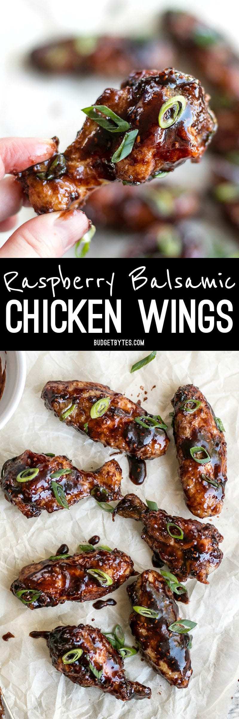 These crispy Raspberry Balsamic Baked Chicken Wings are baked, not fried, and slathered in a sweet, tangy, and rich homemade sauce. BudgetBytes.com