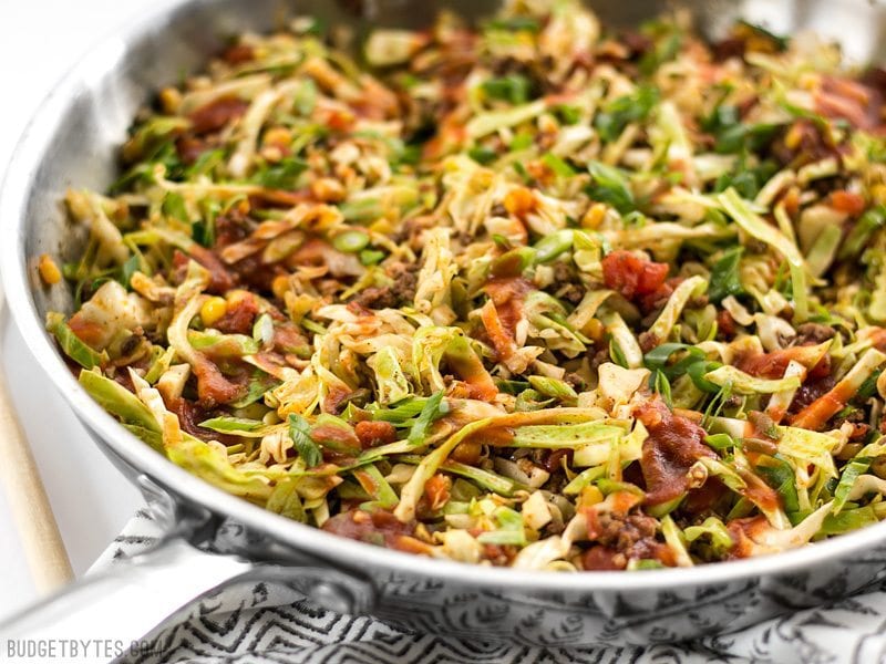 Southwest Beef and Cabbage Stir Fry in the skillet, viewed from the side