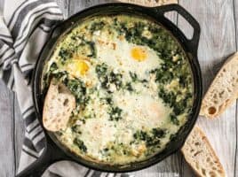 Make these fast and easy Creamed Spinach Baked Eggs using items you probably have in your pantry. A little feta on top takes it to the next level! BudgetBytes.com