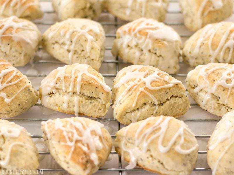 Close up of glazed lemon poppy seed two-bite scones on a wire cooling rack