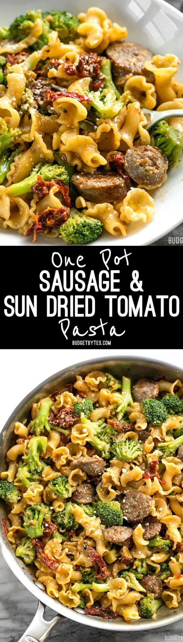 This One Pot Sausage and Sun Dried Tomato Pasta cooks quickly and in one skillet so that no flavor is lost! Make dinner fast, easy, and delicious. BudgetBytes.com