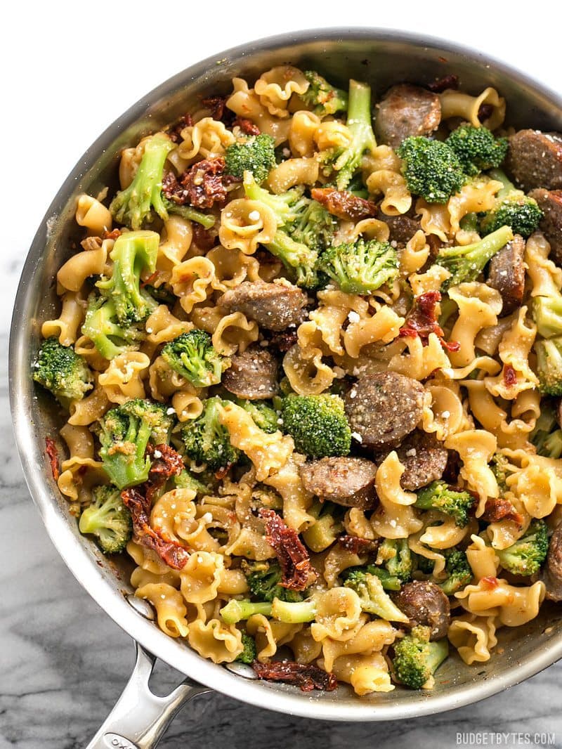 Close up of One Pot Sausage and Sun Dried Tomato Pasta in the skillet