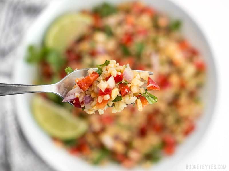 Riced cauliflower makes a filling low-carb base for this fresh and vibrant Thai-inspired Peanut Lime Cauliflower Salad. BudgetBytes.com Close up of a forkful of Peanut Lime Cauliflower Salad