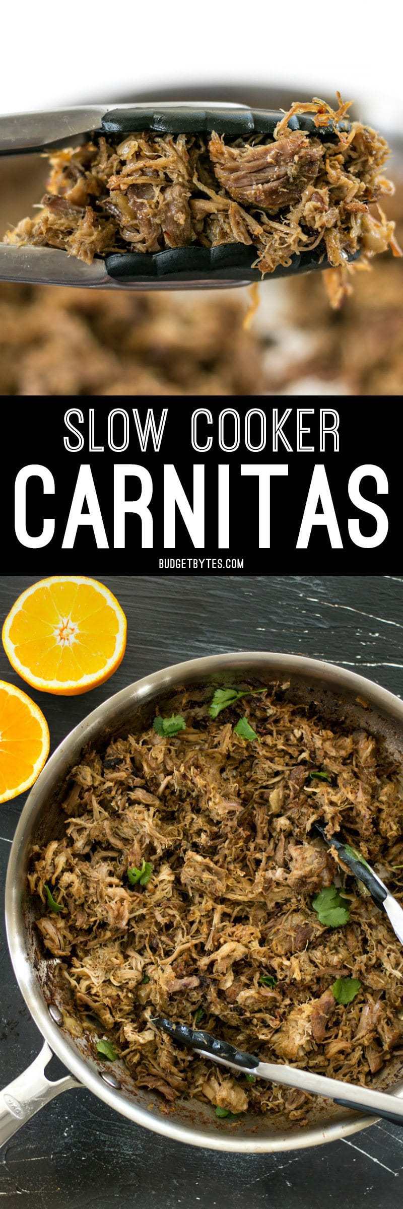Warm spices, fresh orange essence, and a low slow cook time makes this Slow Cooker Carnitas tender, juicy, and full of flavor. BudgetBytes.com