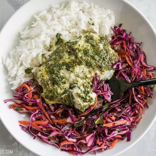 These light and fresh Baked Chimichurri Fish Bowls are simple to prepare and make great cold lunches for the rest of the week. BudgetBytes.com
