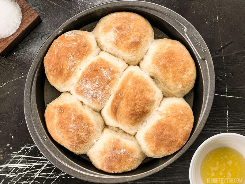Baked Buttermilk Pull-Apart Rolls with a dish of melted butter on the side
