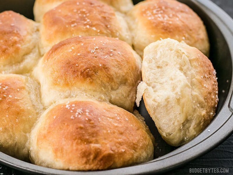 Close up side view of Buttermilk Pull-Apart Rolls in the round baking pan