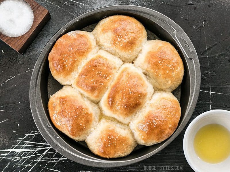 Overhead shot of the Buttermilk Pull-Apart Rolls in the round baking pan