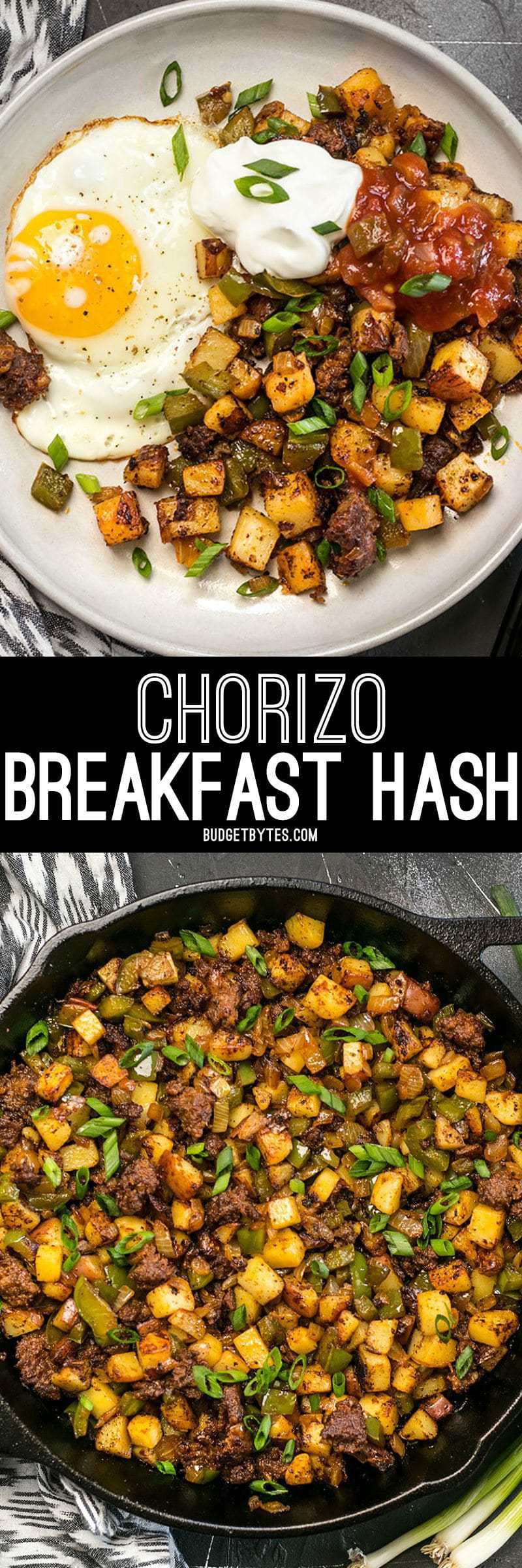 This simple but tasty Chorizo Breakfast Hash is a breakfast classic. Perfect for your lazy weekend brunch, or even "breakfast for dinner". BudgetBytes.com