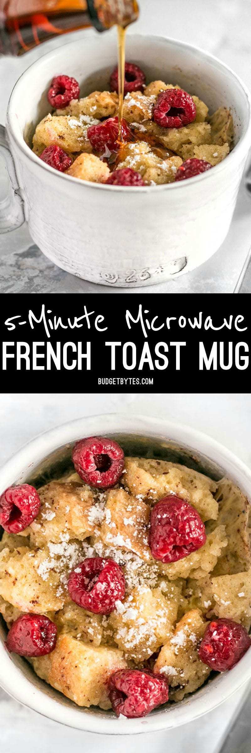These fast and easy 5-Minute French Toast Mugs are a great single serving breakfast treat plus a way to use leftovers and reduce food waste. BudgetBytes.com