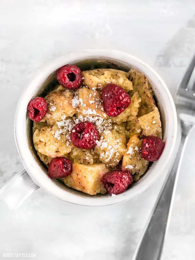 These fast and easy 5-Minute French Toast Mugs are a great single serving breakfast treat plus a way to use leftovers and reduce food waste. BudgetBytes.com