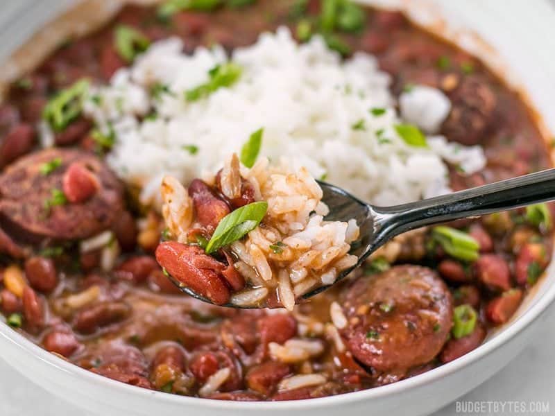 Close up of a spoonful of Pressure Cooker Red Beans and rice