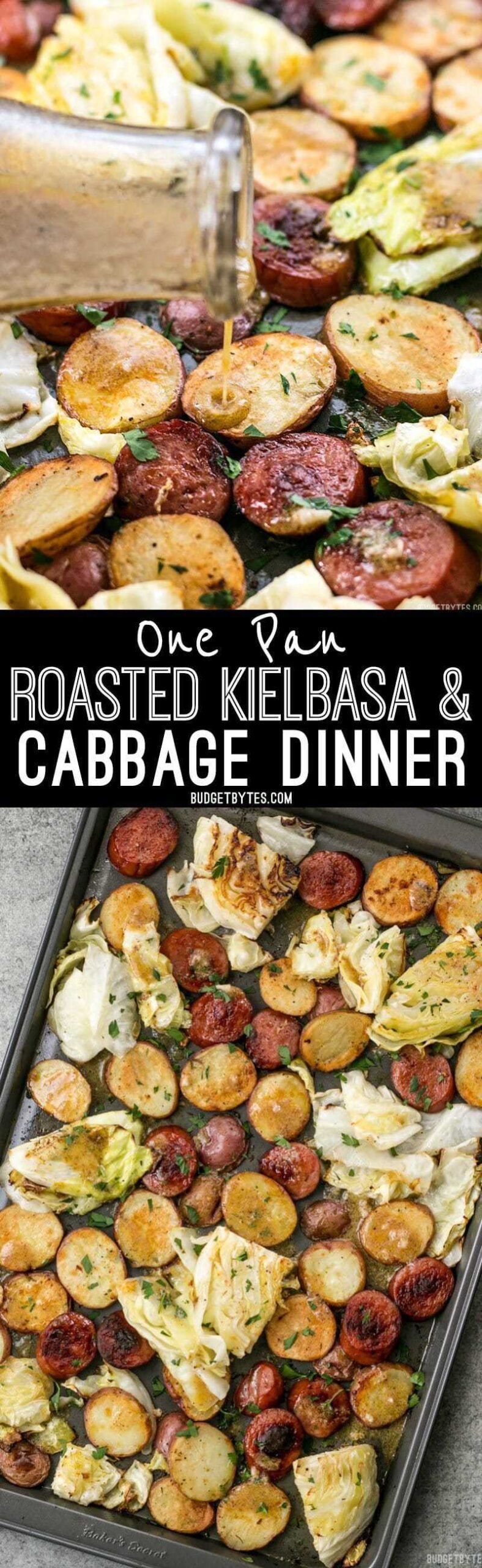 This One Pan Roasted Kielbasa and Cabbage Dinner comes together in minutes and is full of flavor and comfort. An easy weeknight dinner! BudgetBytes.com