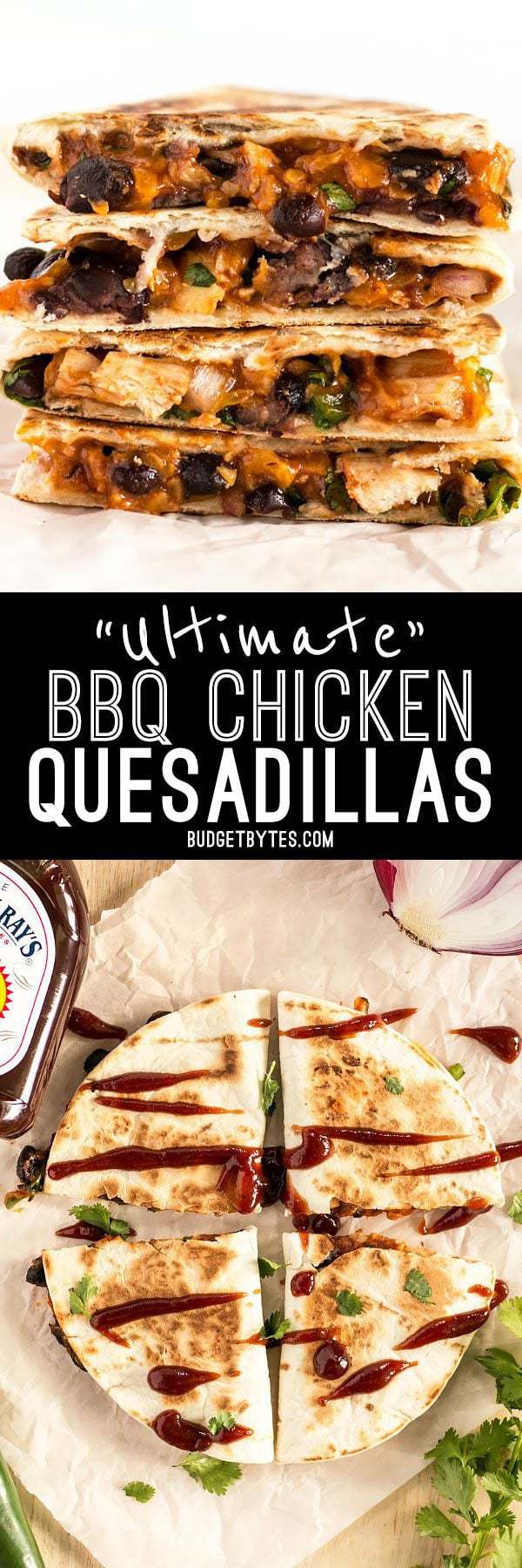 These Ultimate BBQ Chicken Quesadillas are packed with colorful ingredients and deliciously tangy Sweet Baby Ray's BBQ sauce! #ad BudgetBytes.com