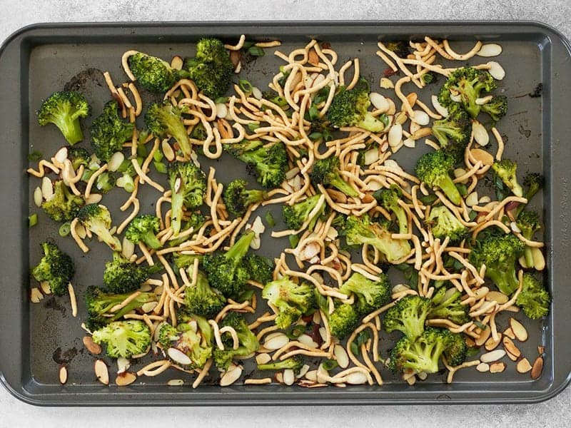 Add Chow Mein Noodles to roasted broccoli and almonds