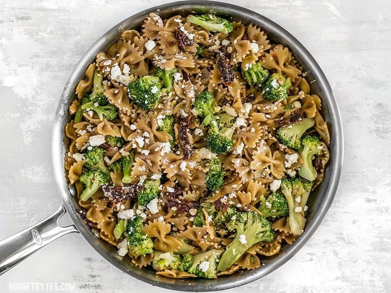 Top Skillet Pasta with Sun Dried Tomatoes with feta cheese and lemon zest