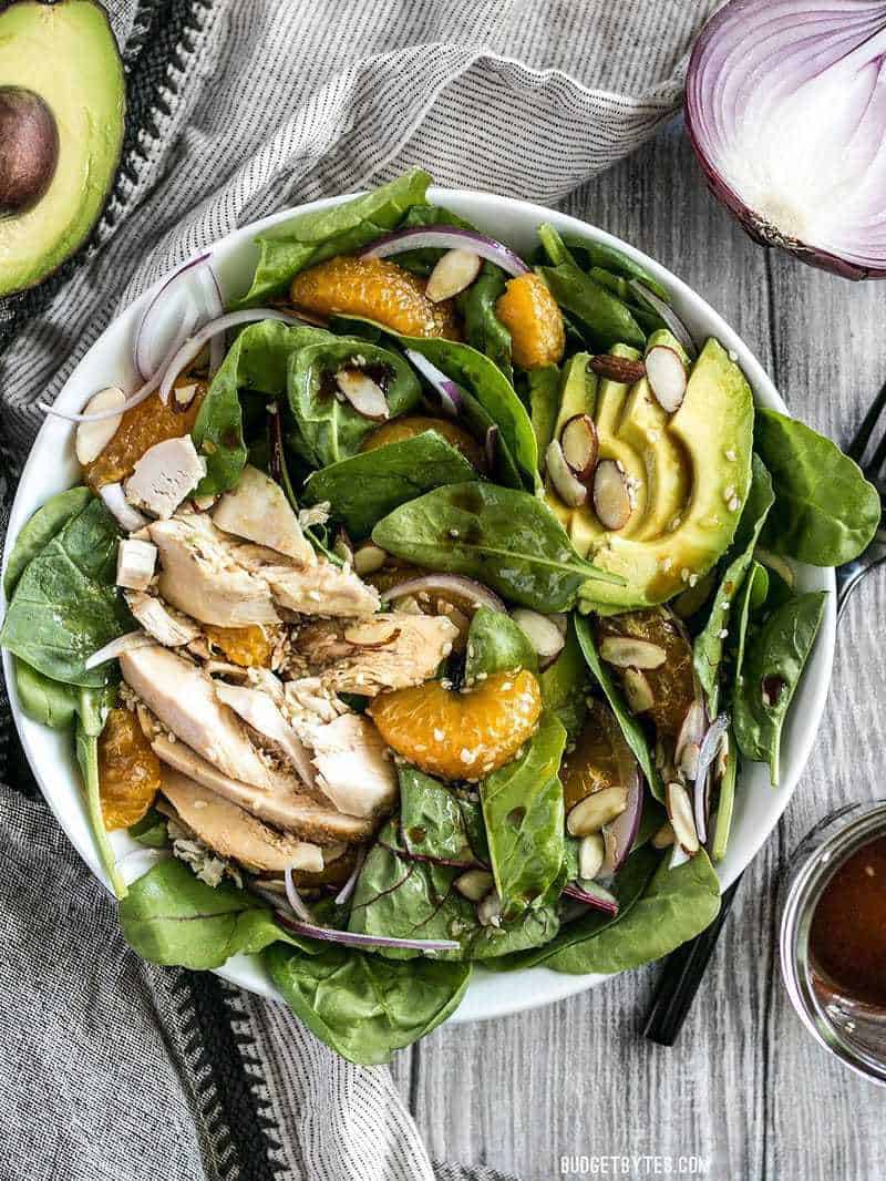 A big bowl of Chicken and Mandarin Salad with avocado and red onion on the side.