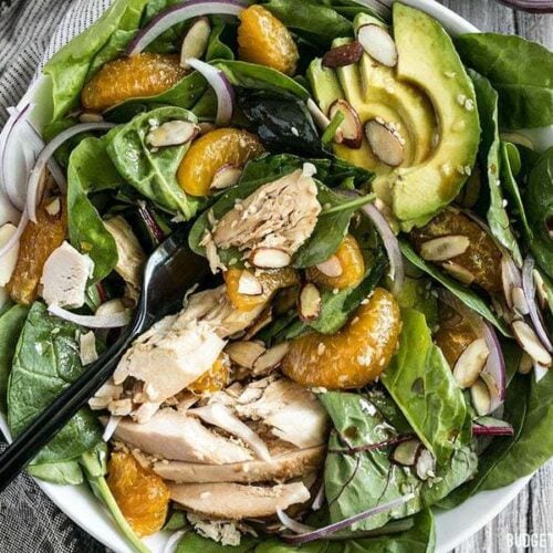 This meal-worthy Chicken and Mandarin Salad boasts sweet mandarin oranges, creamy avocado, crunchy almonds, and homemade sesame dressing. BudgetBytes.com