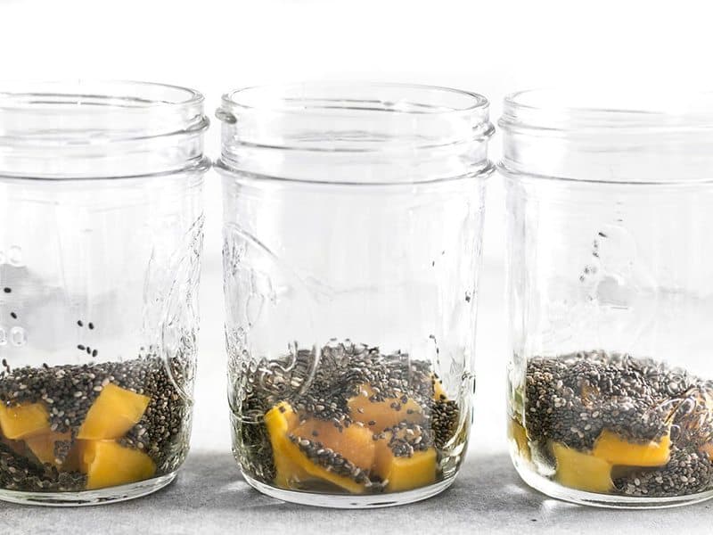 Mango Cubes and Chia Seeds in mason jars