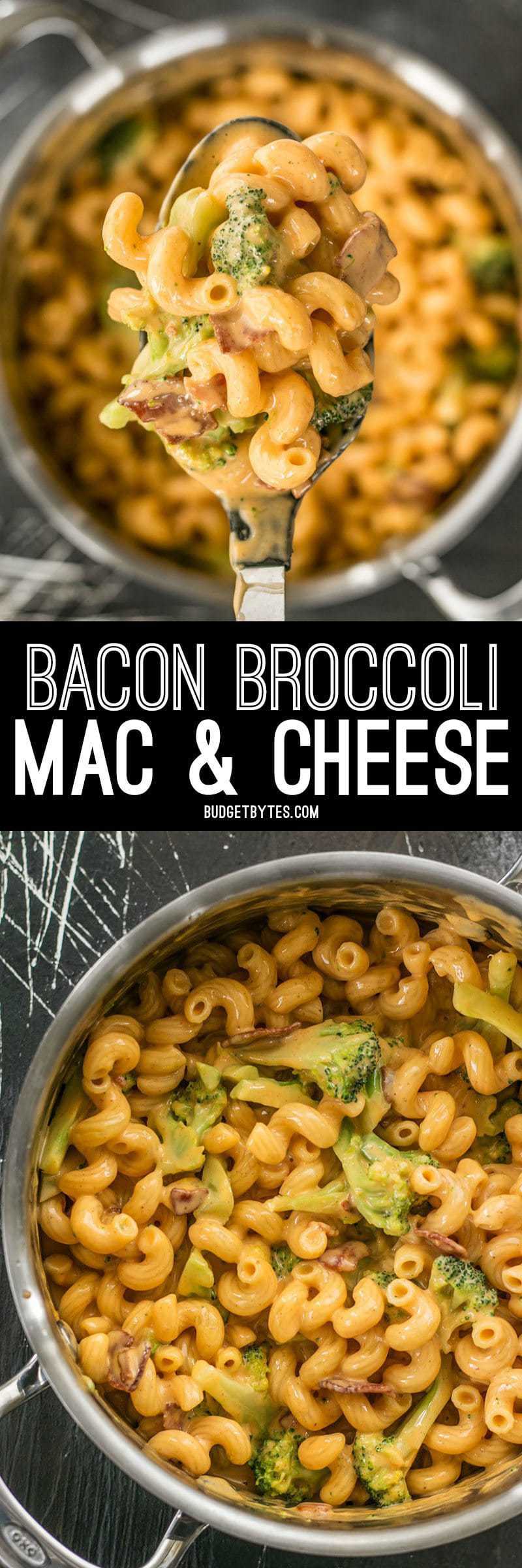 This One Pot Bacon Broccoli Mac and Cheese is fast, easy, and absolutely fool proof. This sauce stays smooth and creamy! BudgetBytes.com